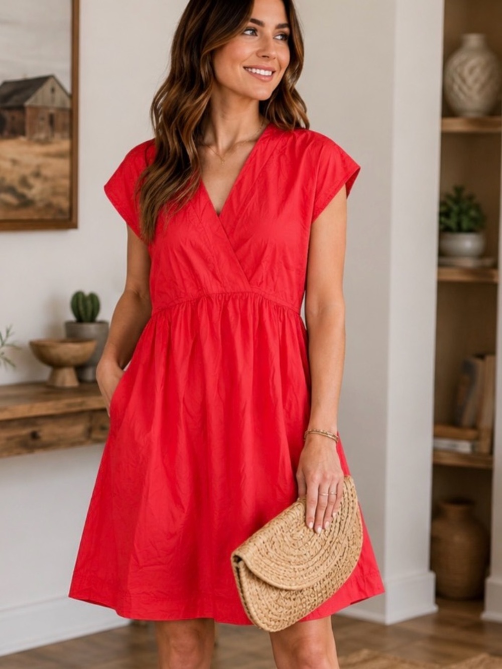 Pinch Red Cotton Poplin Smocked Mini Dress V Neck Resort Coastal 100% Cotton